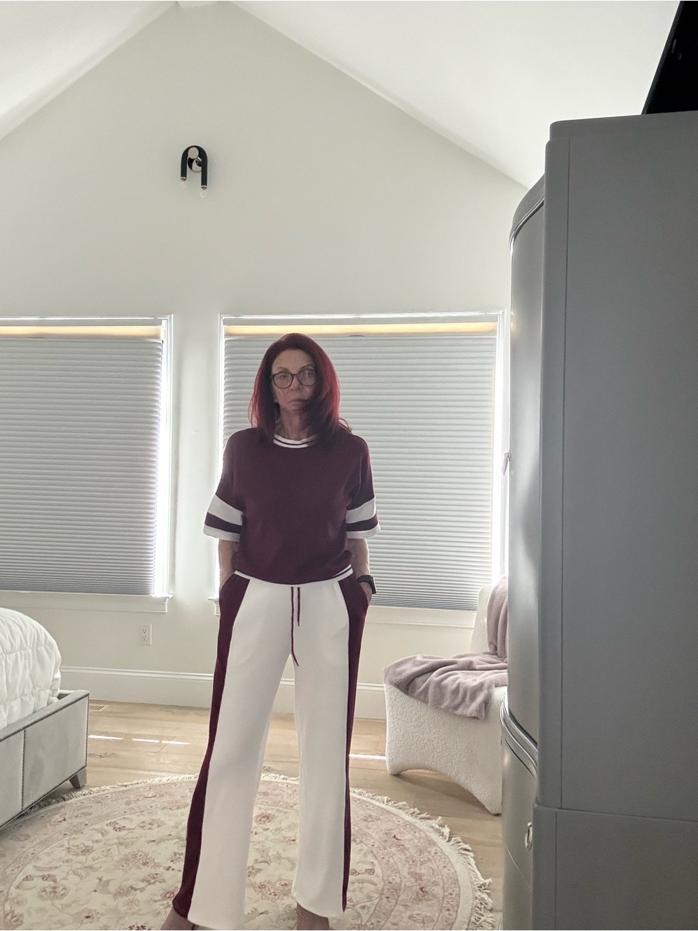 Wide-Leg Two-Tone Track Pants in Maroon & White. Brand new never one.